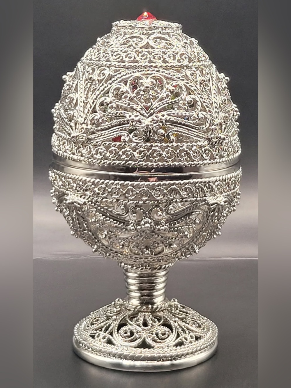 AKM Sliver Filigree Decorative Egg Box on Pedestal Fabrage Egg